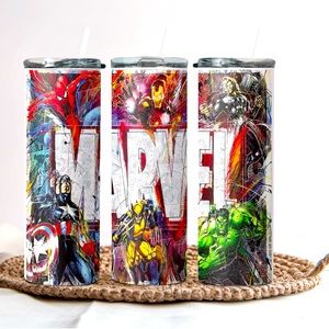 Marvel inspired stainless steel tumbler with lid and straw.